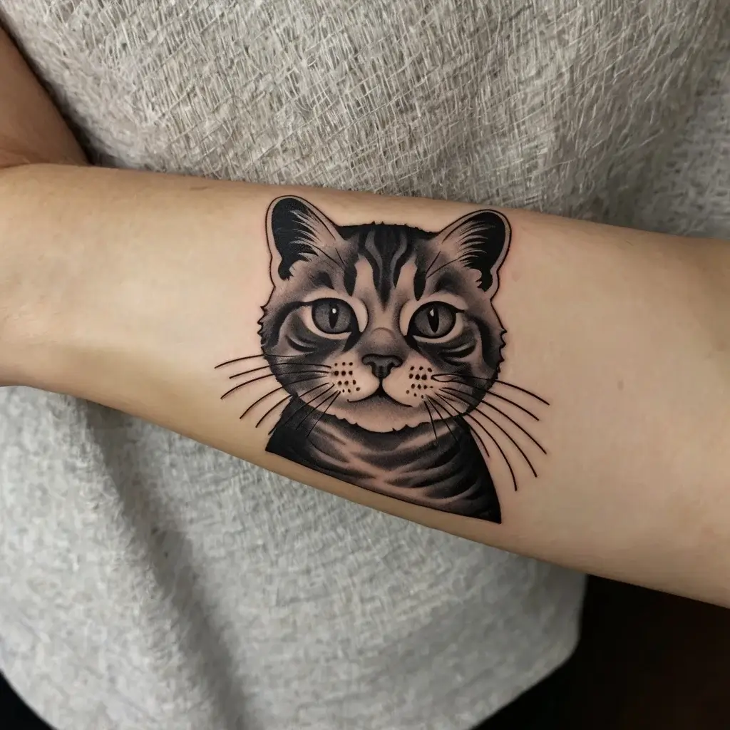 Realistic cat portrait tattoo featuring intricate shading, capturing expressive eyes and distinct whiskers on an arm.