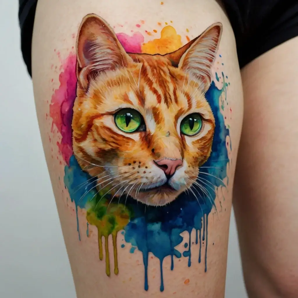 A vibrant watercolor tattoo of a cat's face with striking green eyes, surrounded by splashes of blue, pink, and orange.