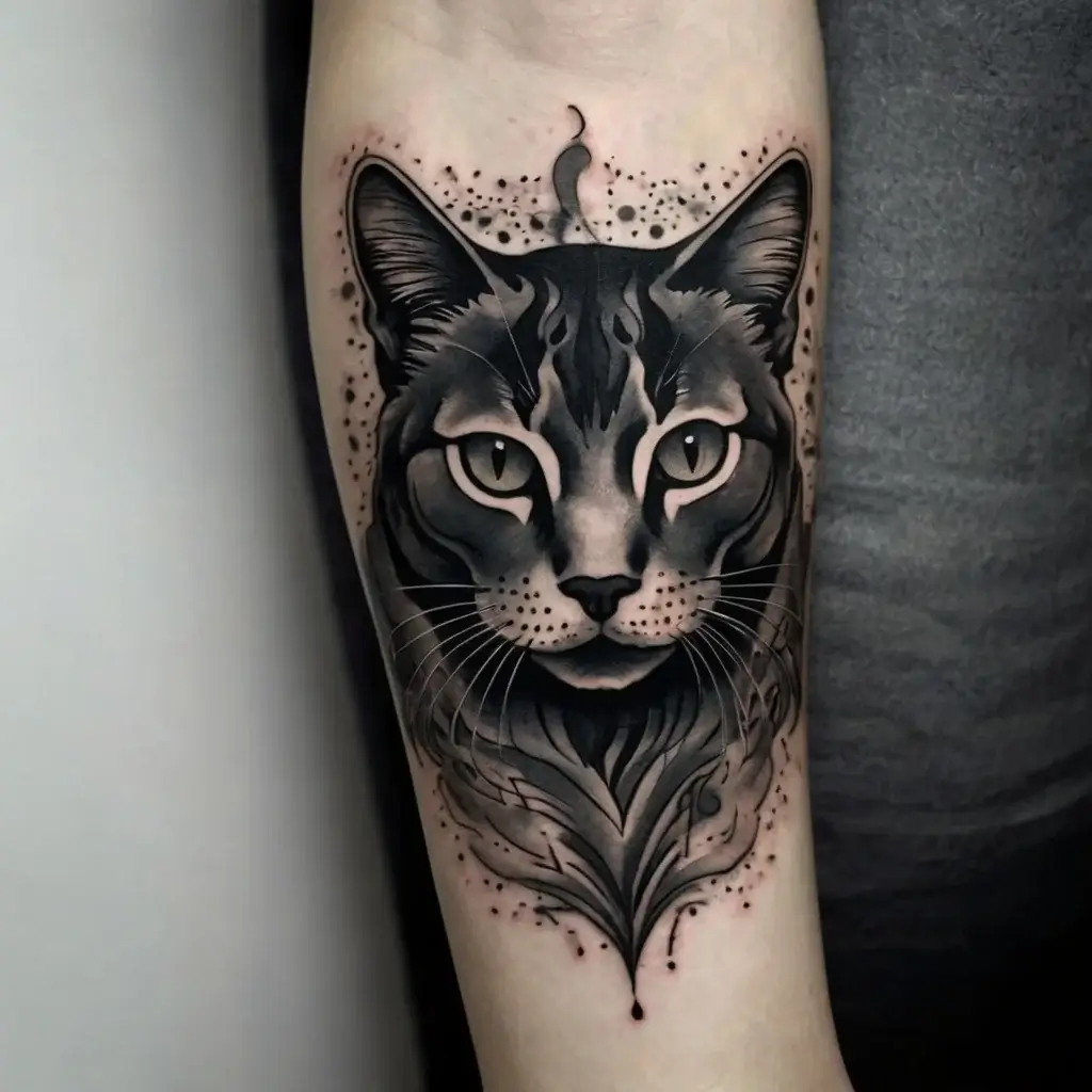 Black and gray tattoo of a realistic cat's face with ornamental detailing and dot work on the forearm.