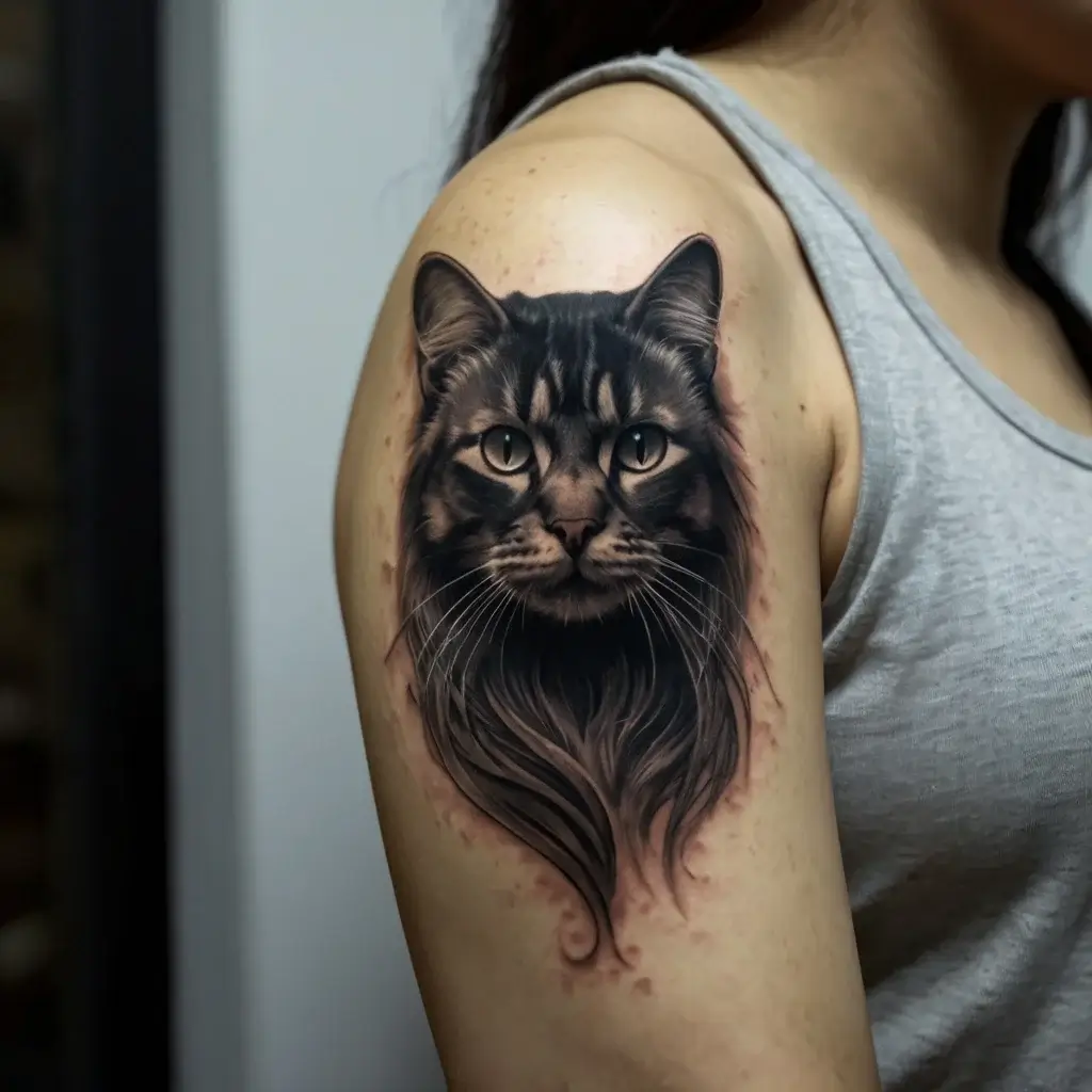 Realistic black and grey tattoo of a cat head on the upper arm, with intricate fur detailing and piercing eyes.