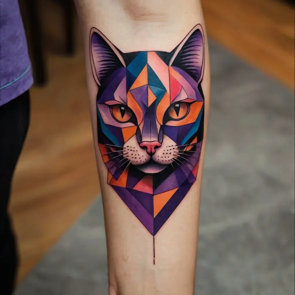 Geometric cat tattoo with vivid purple, orange, and blue shapes, creating a striking, symmetrical design on the forearm.