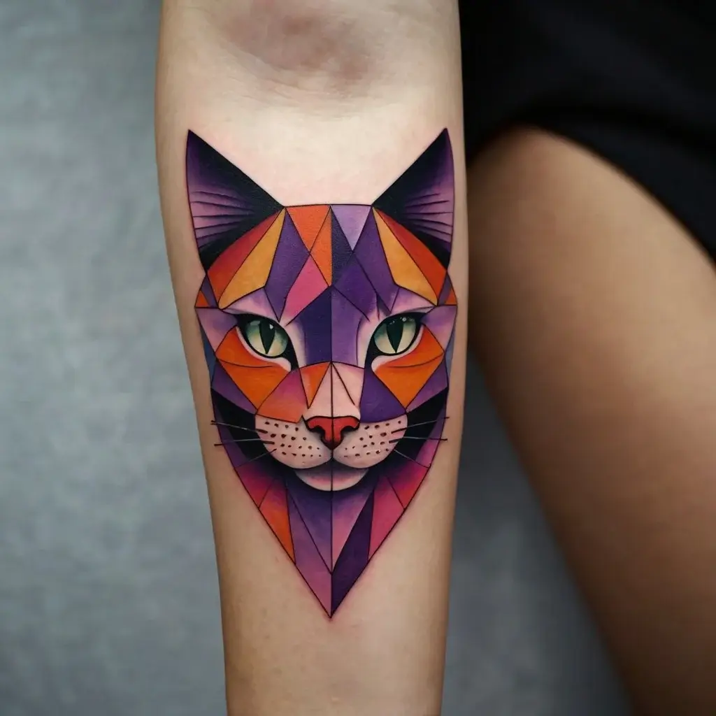 Geometric cat tattoo in vibrant purple and orange hues with piercing green eyes on the forearm.