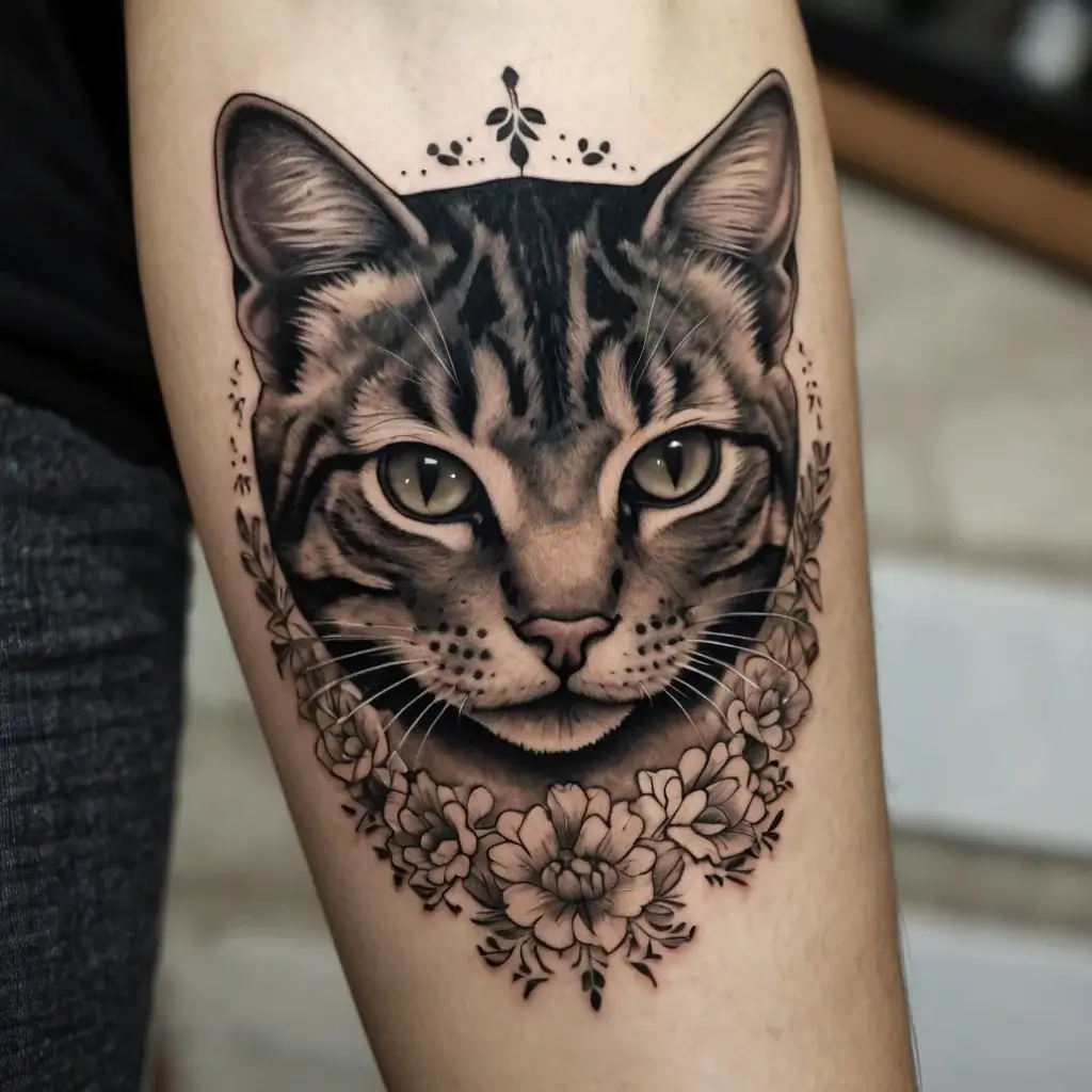 Realistic cat portrait tattoo with intricate black shading, surrounded by detailed floral patterns on the forearm.