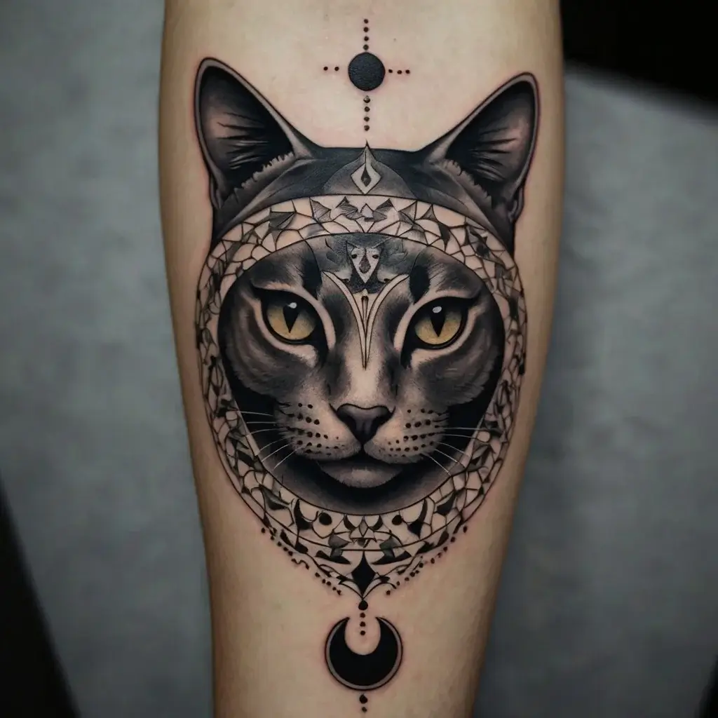 Intricate cat tattoo with geometric patterns, mandala background, crescent moon, and celestial accents. Black and gray ink.