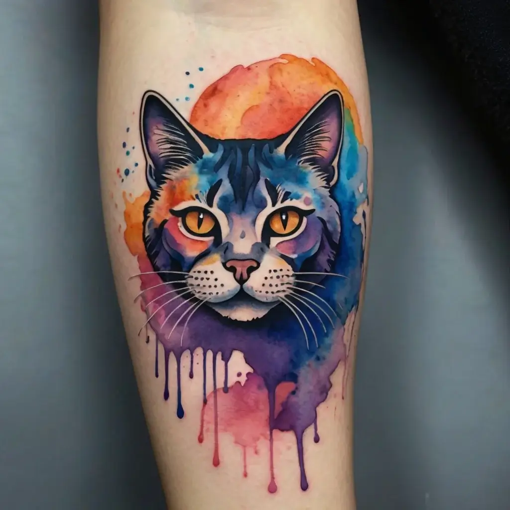 Watercolor-style tattoo of a cat face with vibrant hues of blue, orange, and purple, featuring drips for a dynamic effect.