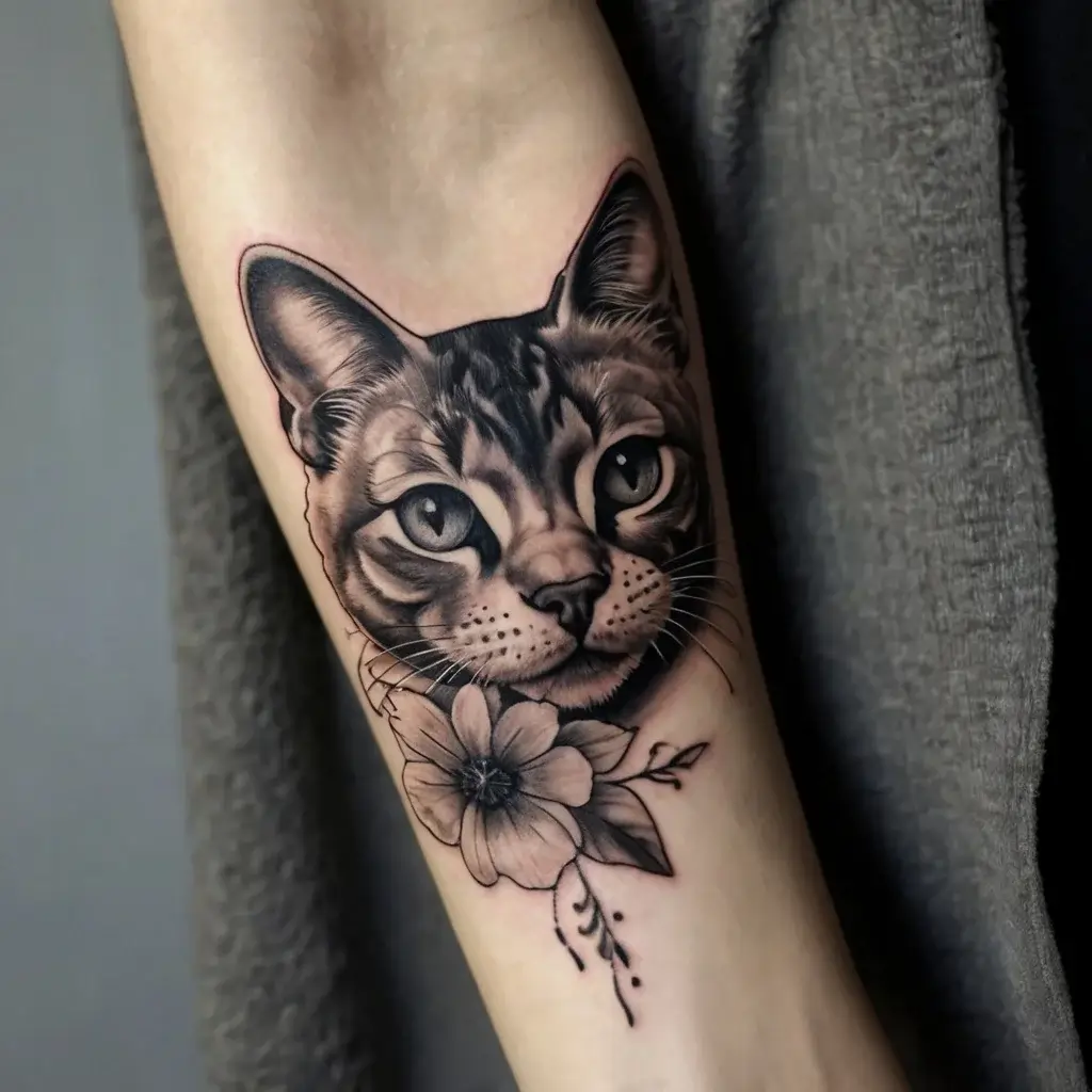 Realistic cat portrait tattoo with detailed shading, paired with a delicate flower, on the forearm.