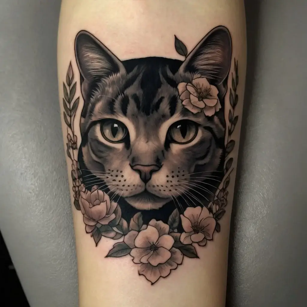 Realistic cat portrait framed by detailed flowers and leaves, combining soft shading with vibrant highlights.