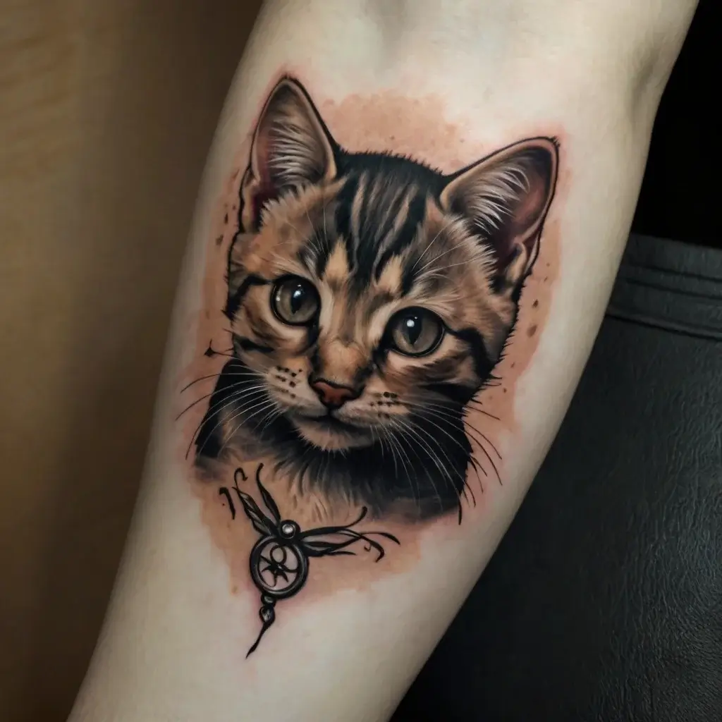 Realistic cat portrait tattoo with expressive eyes and detailed fur, complemented by delicate ornamental accents.