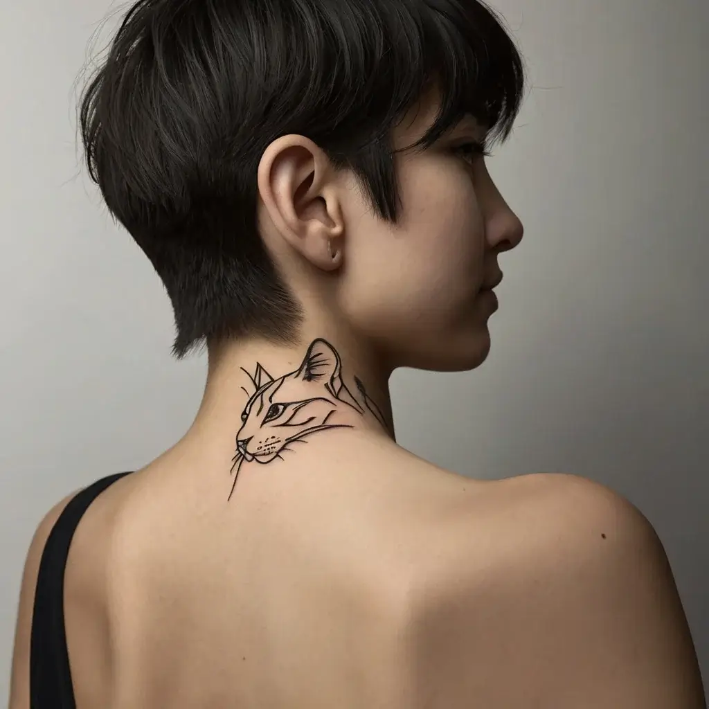 A minimalist line art cat tattoo on the neck with sharp, clean lines and sleek, abstract details.