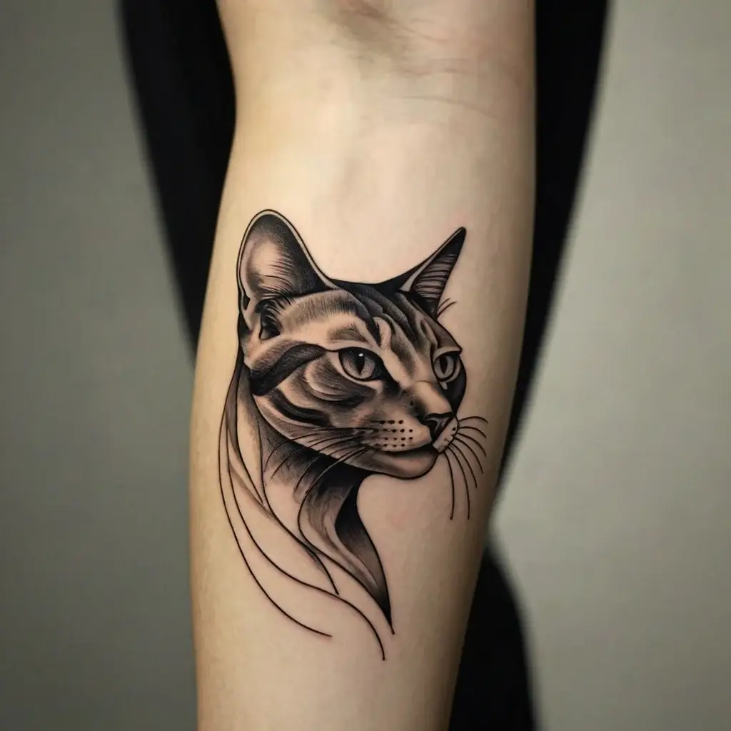 Realistic cat tattoo on forearm; features fine lines and shading, capturing a lifelike feline gaze with smooth contours.