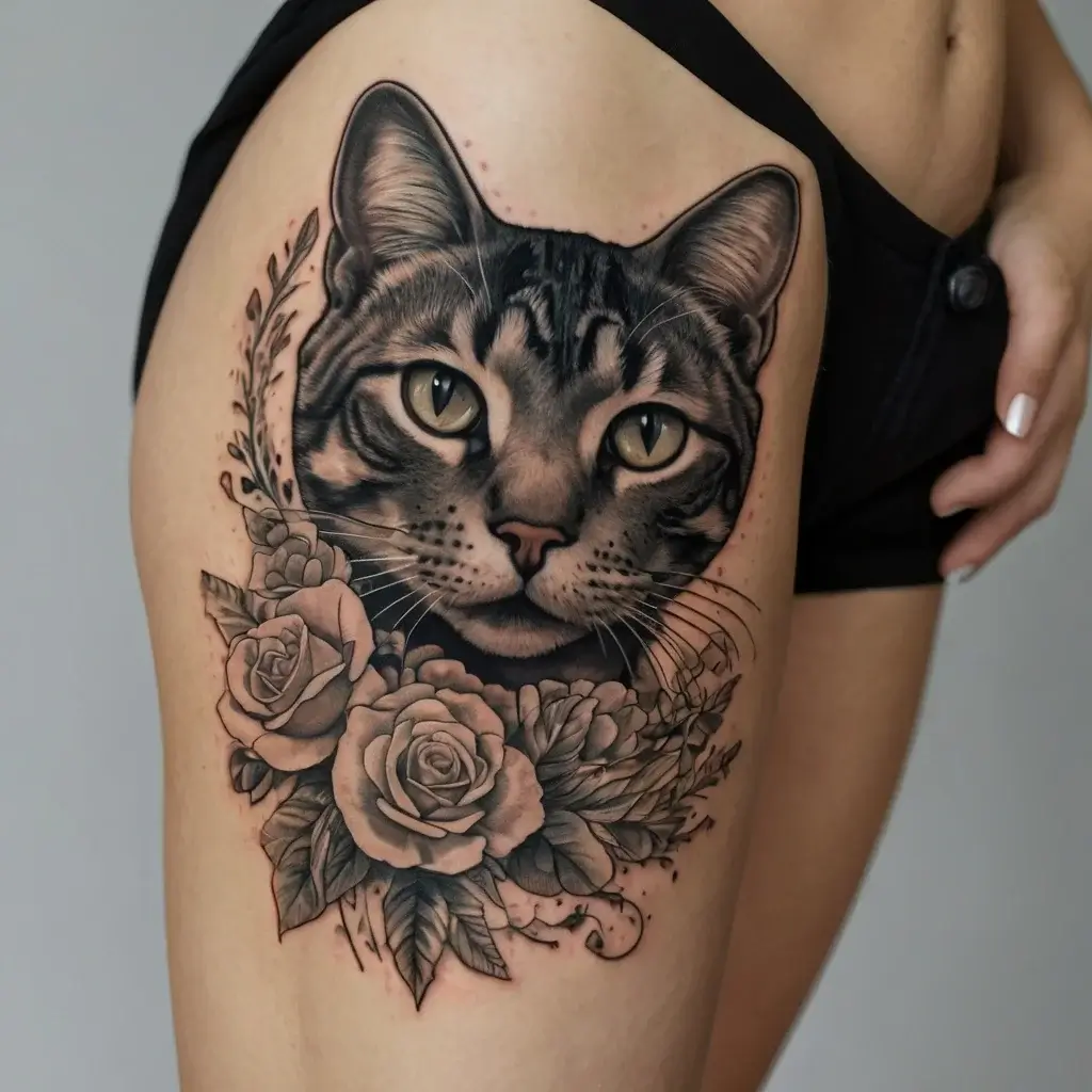 Realistic cat portrait tattoo with intricate shading, framed by detailed roses and leaves on the thigh.