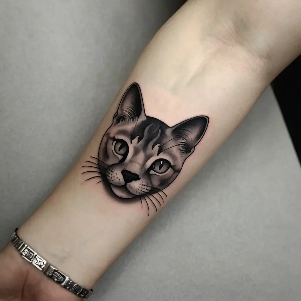 Realistic cat head tattoo on forearm, featuring detailed shading and sharp lines for expressive eyes and whiskers.