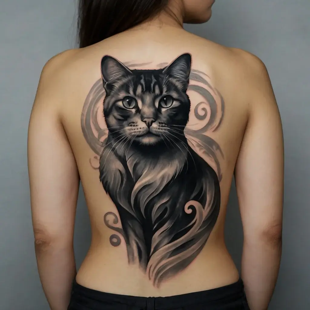 Realistic cat tattoo on back with swirling patterns and shading, creating a lifelike and artistic design.