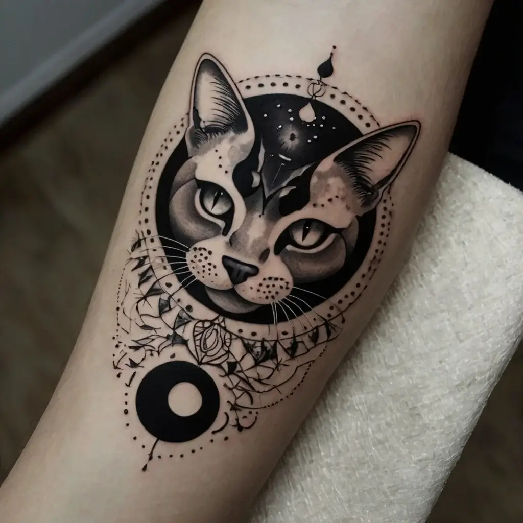 A bold tattoo of a cat's face with geometric patterns and intricate dot work, framed by circles and celestial elements.