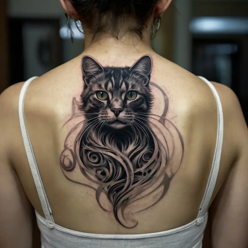 Realistic cat tattoo with intricate swirls below, creating a dynamic and artistic blend on the upper back.