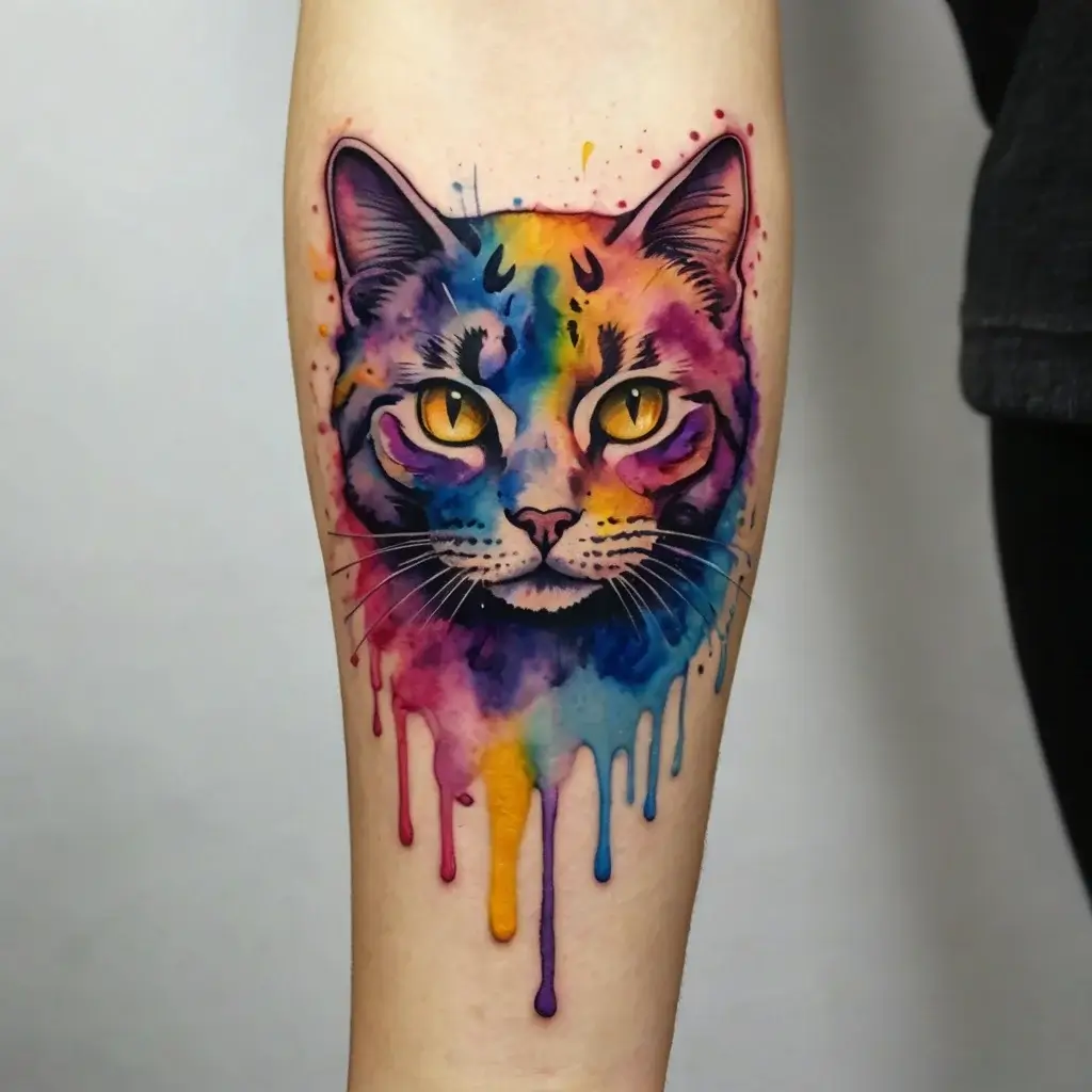 Watercolor-style tattoo of a cat with vibrant splashes of blue, purple, and yellow, creating a dynamic drip effect.