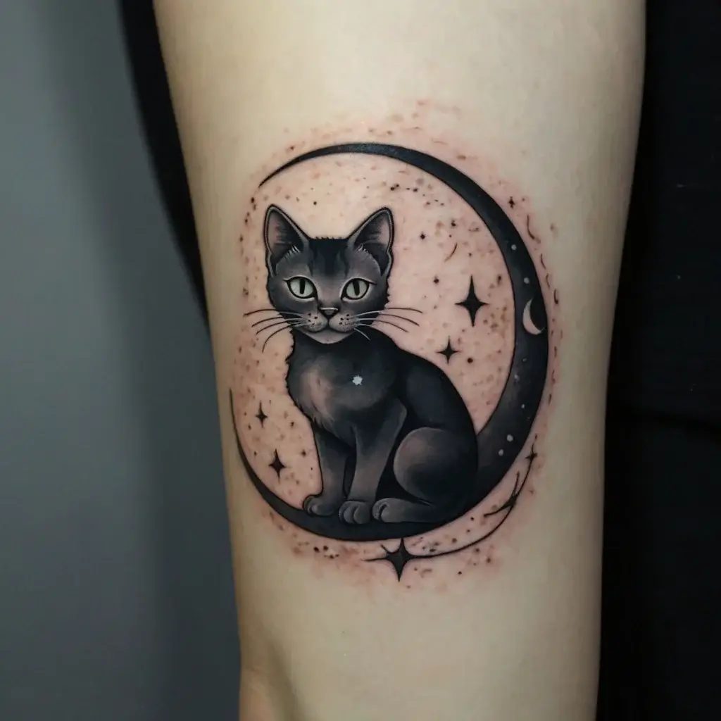 Tattoo of a black cat sitting in a crescent moon, surrounded by stars, blending mysticism and nocturnal charm.