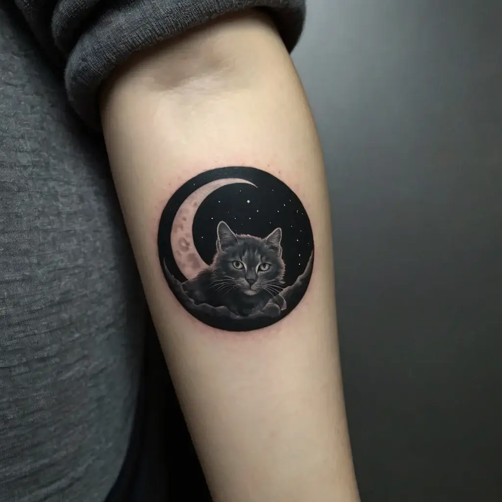 Tattoo of a cat resting on clouds with crescent moon and starry night sky inside a circular frame on the upper arm.