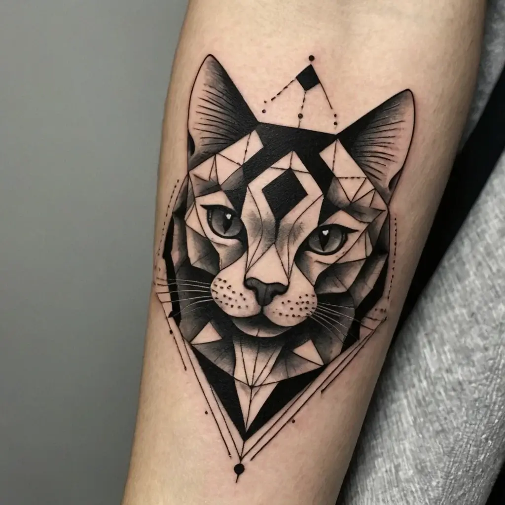 Geometric cat tattoo with bold lines and shaded facets, forming a stylized feline face with intricate patterns and dots.