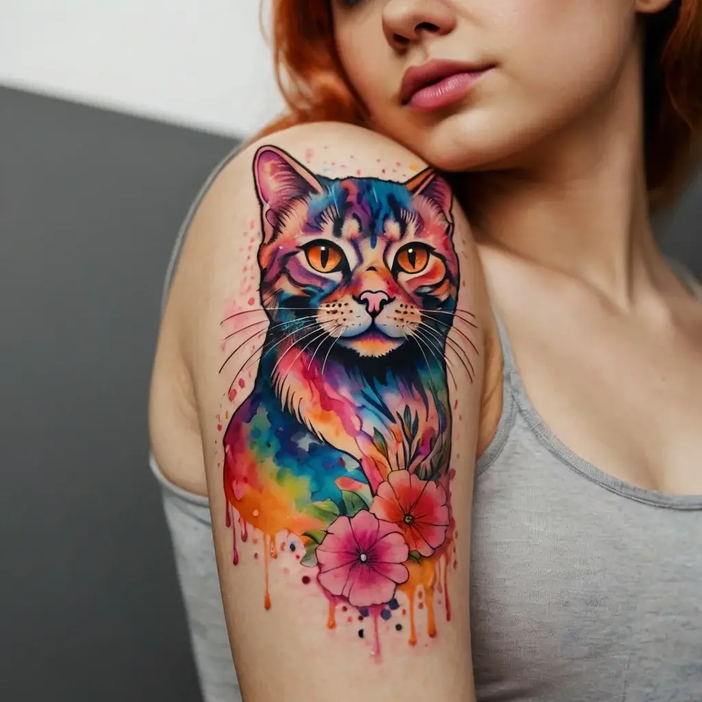 A vibrant watercolor tattoo of a cat on the arm, featuring bright colors and floral accents for an eye-catching look.