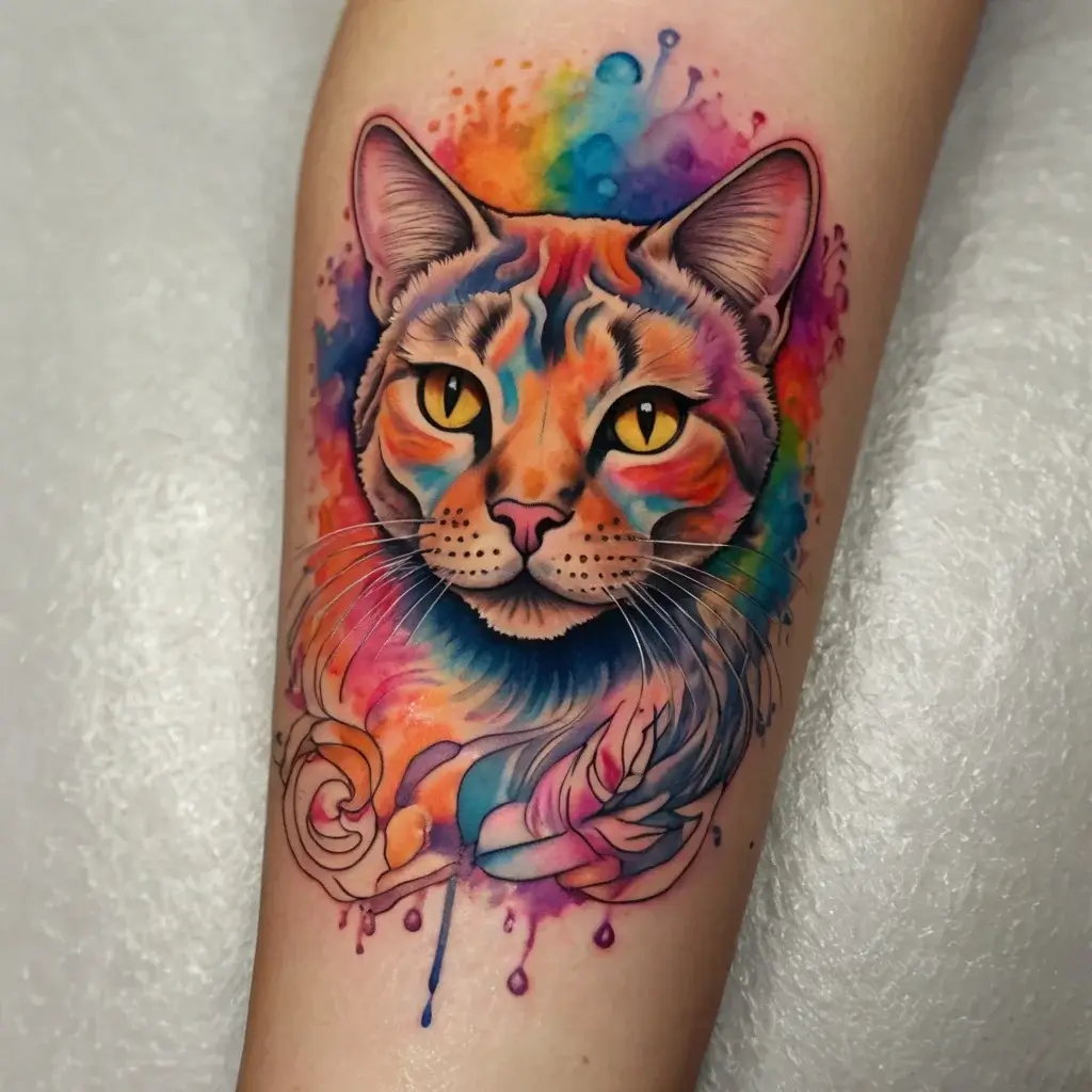 Vibrant watercolor tattoo of a cat's face with colorful splashes and detailed eyes, blending realistic and abstract styles.