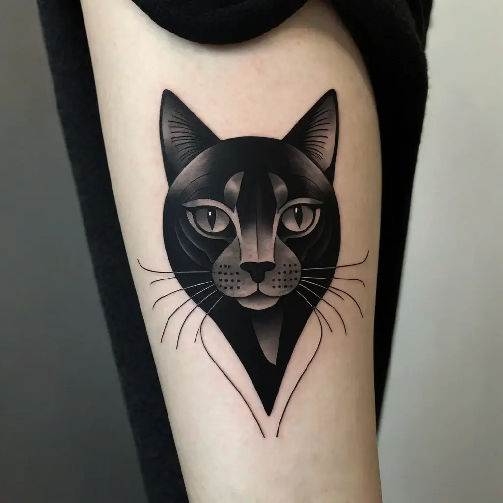 Abstract black cat head tattoo; geometric shading and bold lines create depth and detail on the forearm.