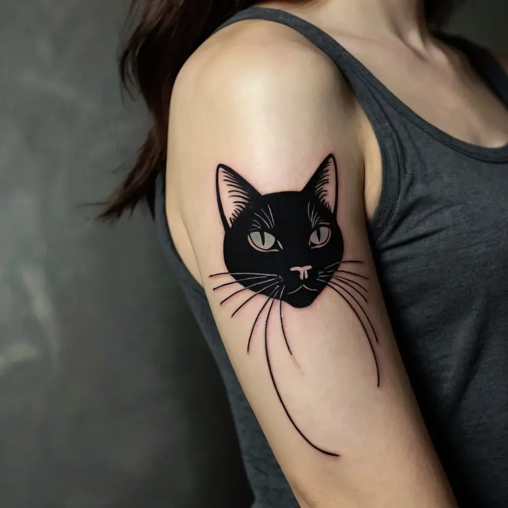 Tattoo of a black cat's face on the upper arm, minimalist design with bold outlines and expressive eyes.