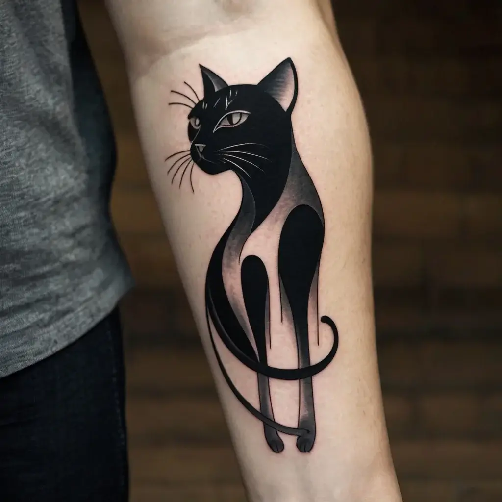 Stylized black cat tattoo on forearm, featuring sleek, flowing lines and minimalist shading, creating an elegant silhouette.