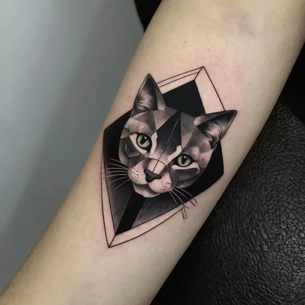 Geometric cat tattoo with bold shading, featuring sharp lines and contrasting shapes for a modern, abstract look.