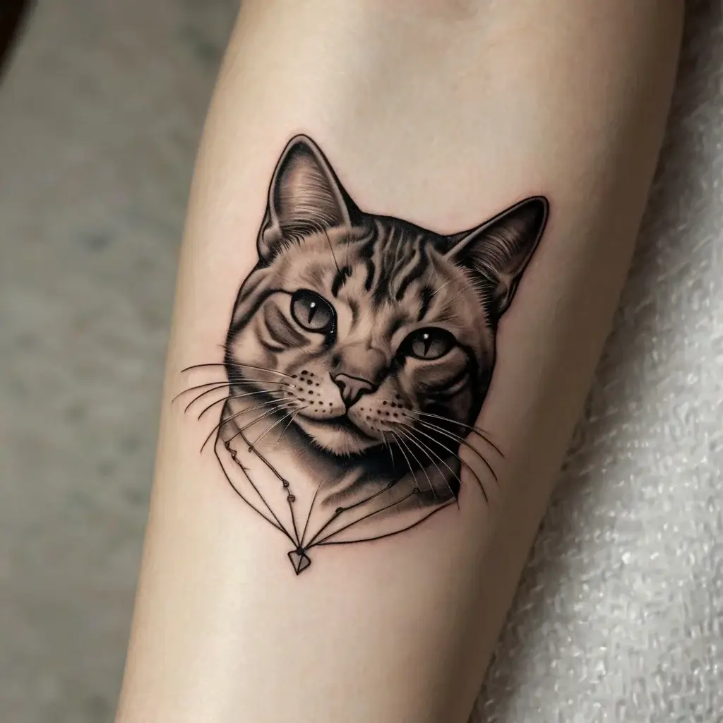 Realistic cat face tattoo with detailed fur, shading, and a geometric pendant. The design highlights the cat's eyes.