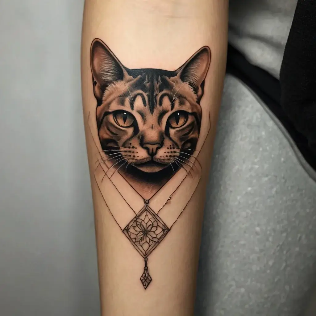 Realistic cat face tattoo with detailed eyes, framed by geometric lines and a mandala diamond pendant below.