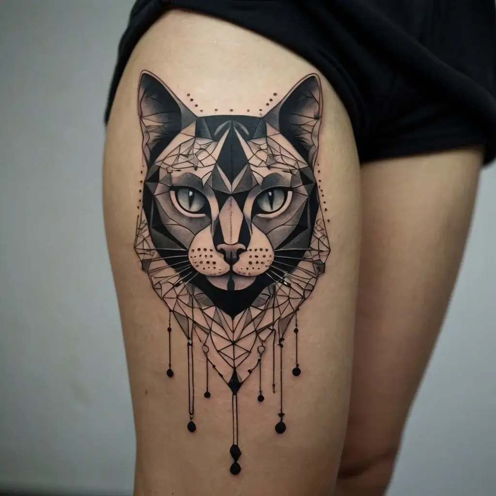 Geometric cat tattoo on thigh, abstract facets and lines create a majestic feline face with sharp, modern detailing.