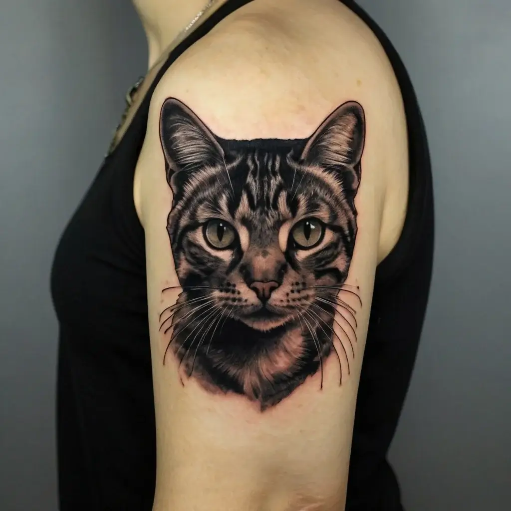 Realistic cat portrait tattoo on the upper arm, showcasing intricate fur details and expressive eyes in grayscale.