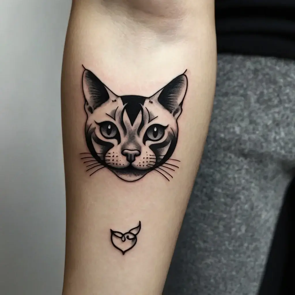 Stylized cat face tattoo in black and grey with bold lines and shading, plus a minimal abstract cat below.