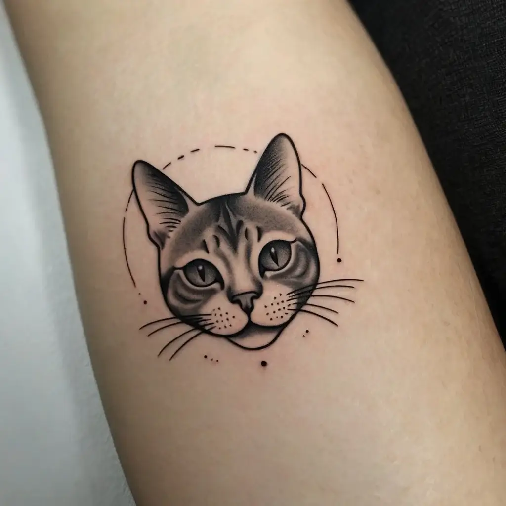 Black and gray tattoo of a cat's face with fine detailing and shading, accented by a dotted circular outline.