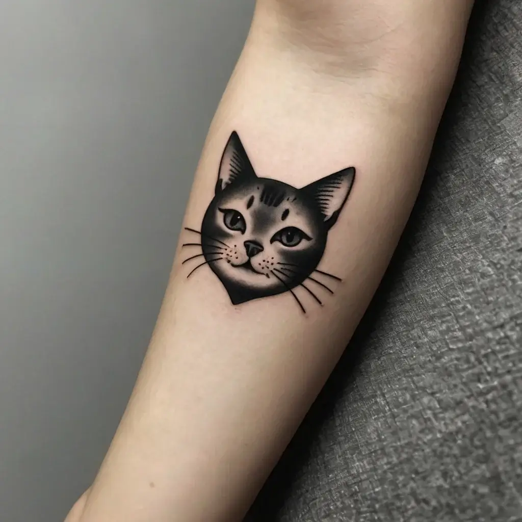 Tattoo of a black cat's face, featuring bold outlines and subtle shading on forearm, exuding a classic, minimalist style.