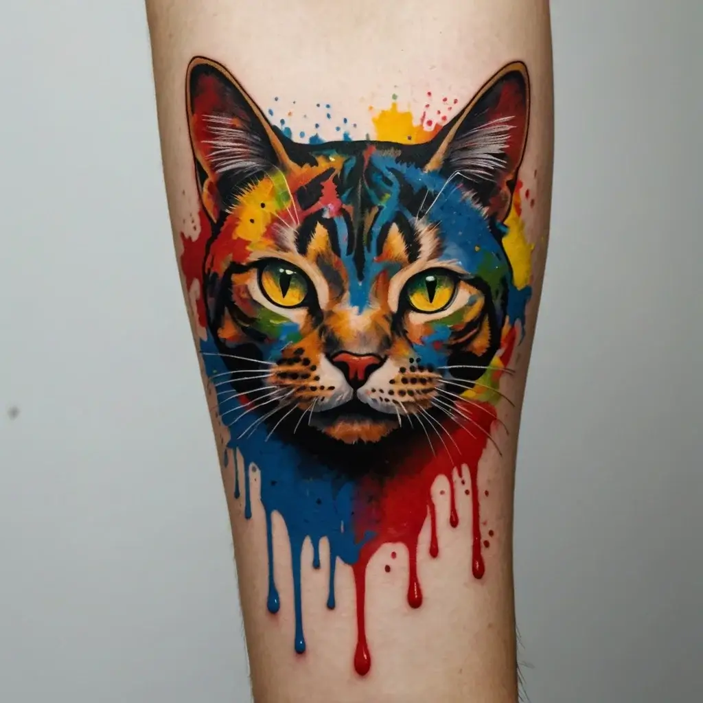 Abstract watercolor cat tattoo, vibrant colors drip artfully, capturing feline's lifelike gaze and expressive energy.