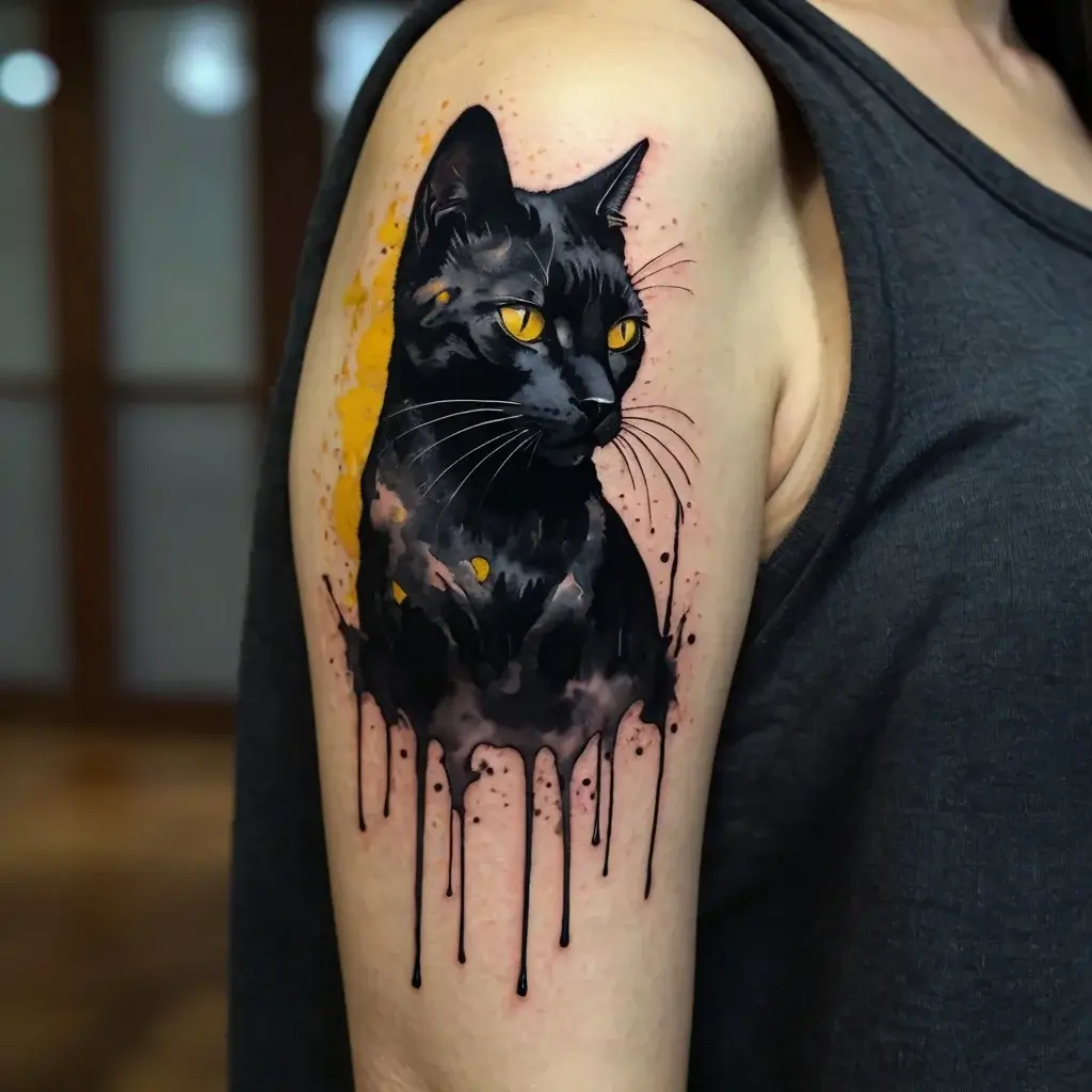 Watercolor style tattoo of a black cat with bright yellow eyes, featuring ink drips and splashes on the upper arm.