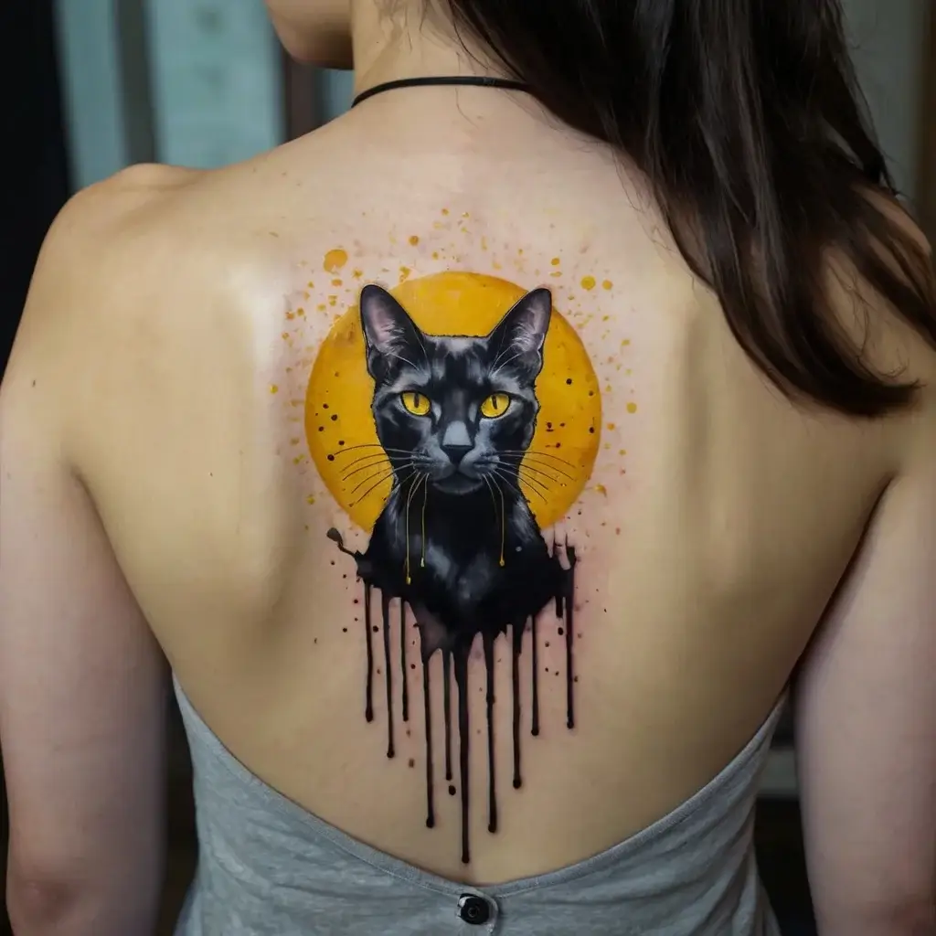 Tattoo of a black cat with yellow eyes, framed by an orange circle. Ink drips create a unique, artistic effect.