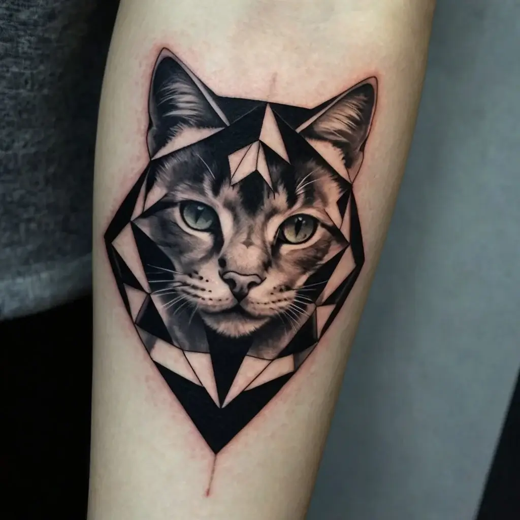 Geometric cat tattoo with detailed realism, set within angular shapes, creating a blend of natural and abstract design.