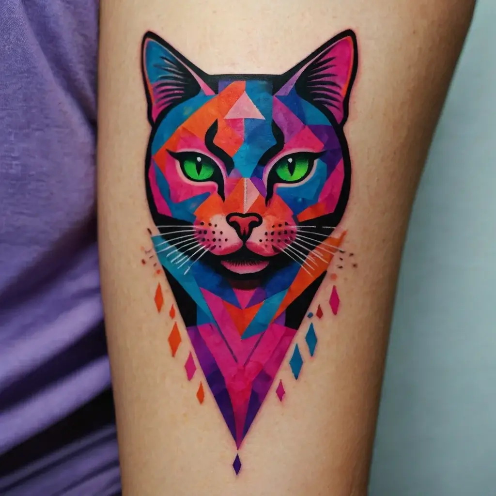 Geometric cat tattoo with vibrant pink, blue, and orange shapes and bright green eyes for a striking look.