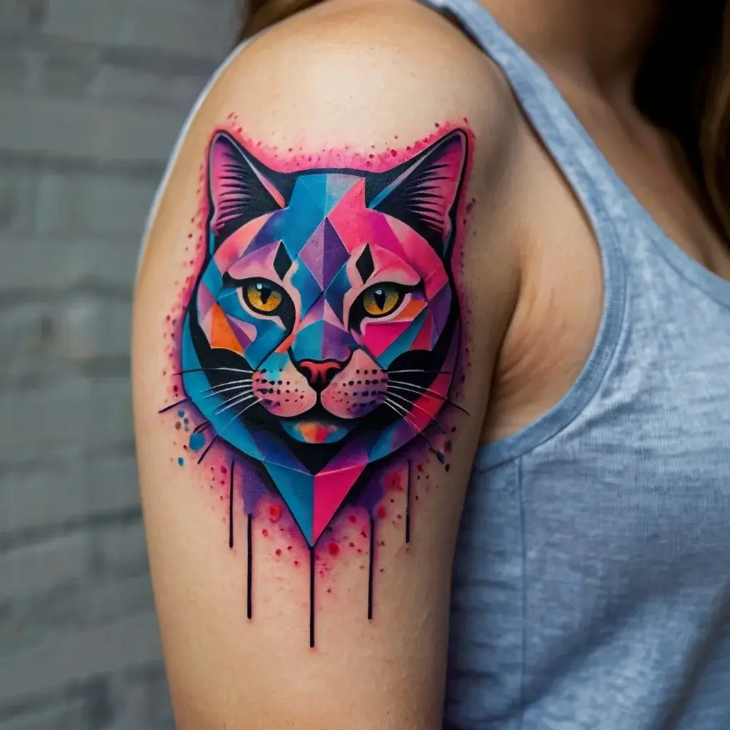 Geometric cat tattoo with vivid colors, featuring angular shapes and a dripping paint effect on the upper arm.