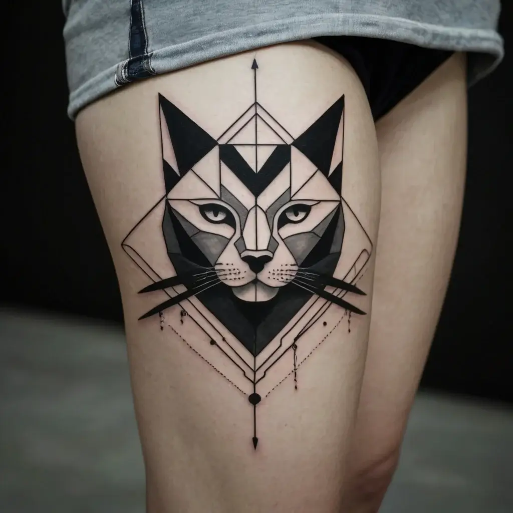 Geometric cat tattoo on thigh featuring bold lines, angular shapes, and intricate detailing, emphasizing symmetry and contrast.