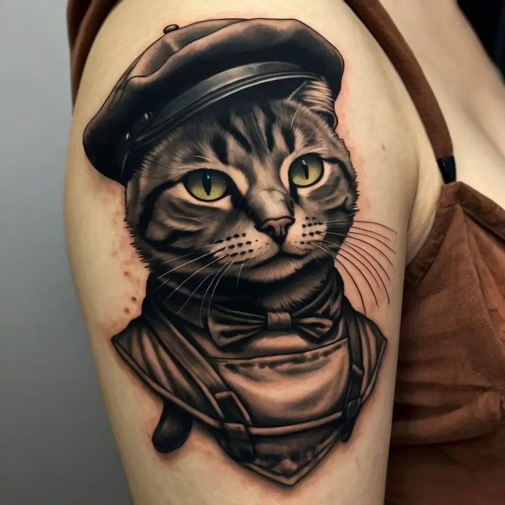 Realistic tattoo of a cat wearing a flat cap and bow tie, showcasing fine detail and shading on an upper arm.