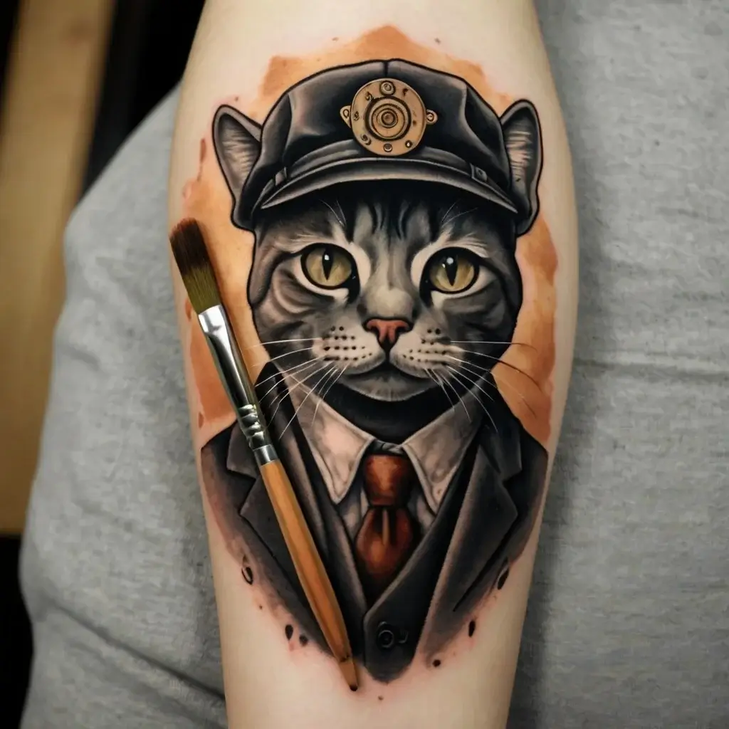 Tattoo of a cat in a suit and cap, holding a paintbrush, blending realism and surrealism with artistic flair.