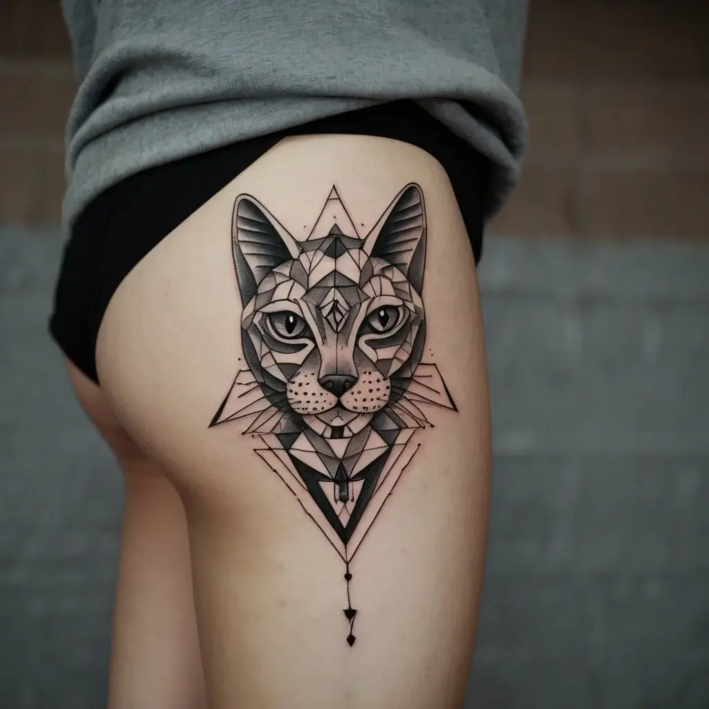 Geometric cat tattoo on thigh, featuring bold lines and intricate shading for a modern, symmetrical design.