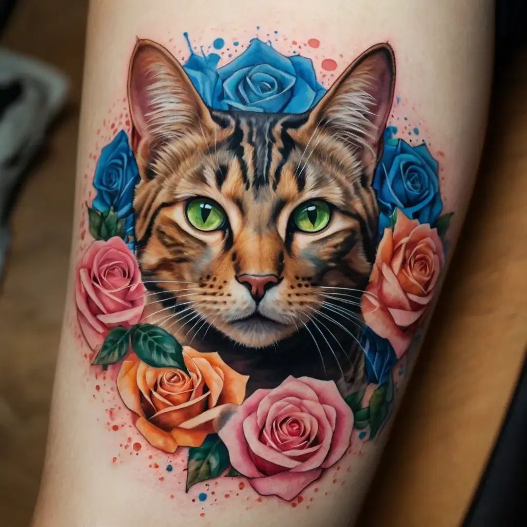 Realistic cat tattoo with vibrant green eyes, surrounded by blue and pink roses, with splashes of color in the background.