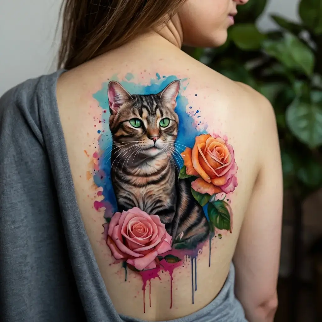 Realistic cat tattoo with vibrant roses on a woman's back, set against a watercolor splash background.