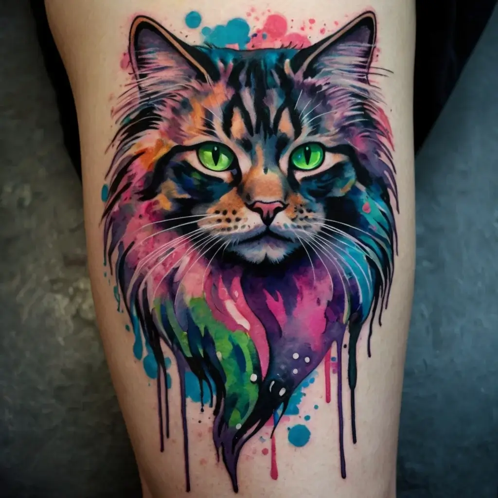 A vibrant watercolor-style tattoo of a cat with piercing green eyes, featuring bold splashes of blue, pink, and purple.