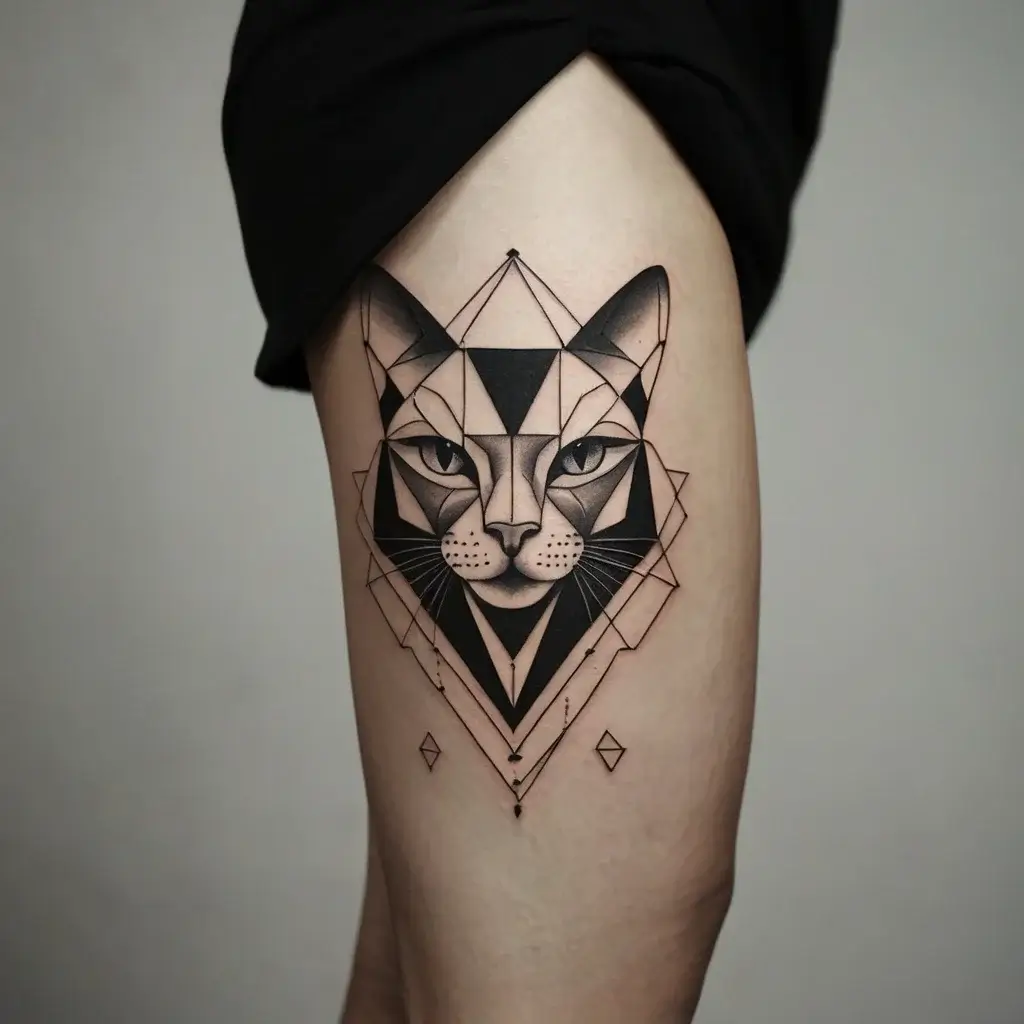 Geometric cat face tattoo with bold lines and shading, enclosed in an abstract triangular frame with additional fine details.